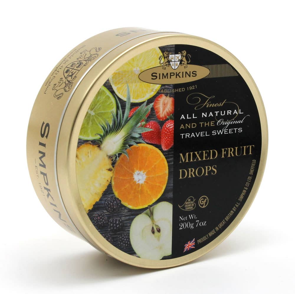 Simpkins Travel Sweets Mixed Fruit Drops 200g Tin