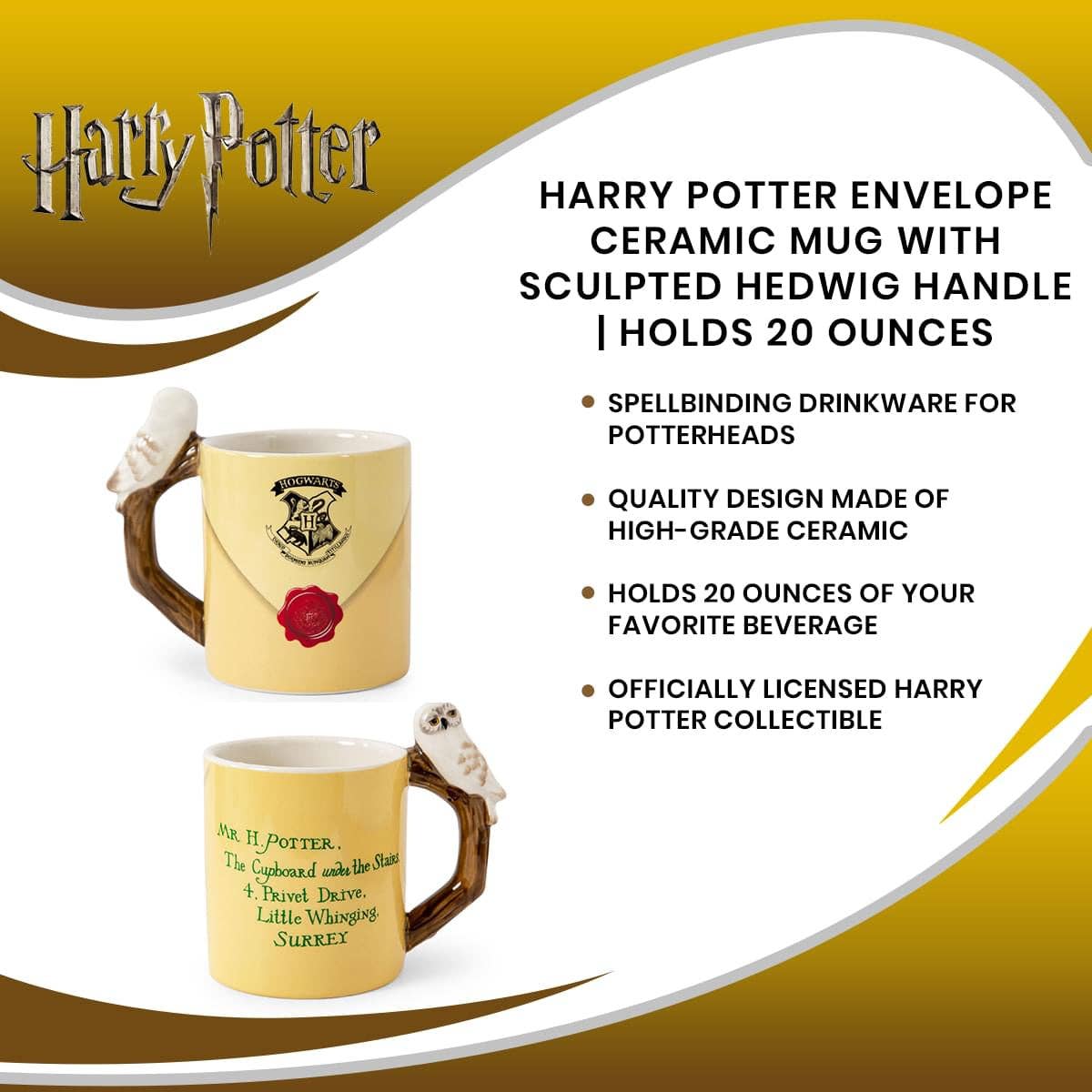 Harry Potter Envelope 20oz Mug, sculpted Hedwig handle, Hogwarts themed mug, Christmas gift for Harry Potter fans