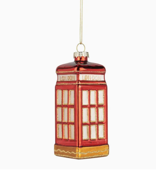 Glass London Phone Box Christmas Ornament 4.5in, British red telephone box tree decoration, London themed Christmas ornament