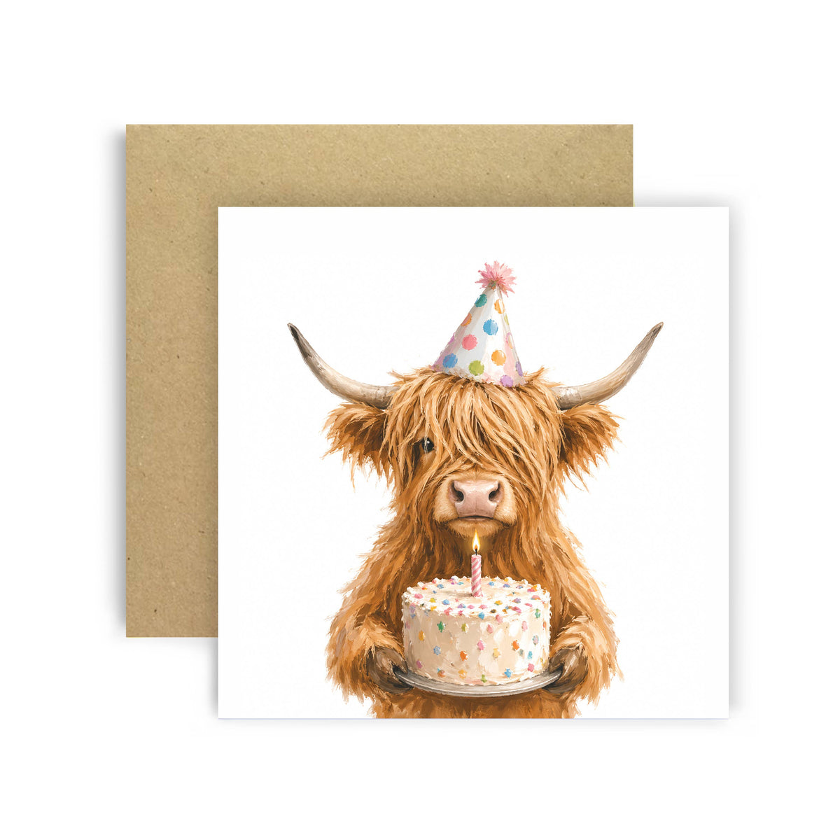 Cute Scottish Highland Cow Birthday Card with Party Hat
