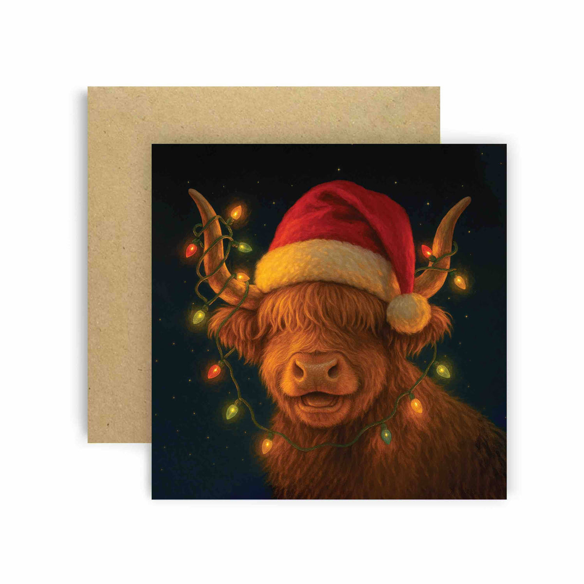 Highland Cow Christmas Lights Festive Card