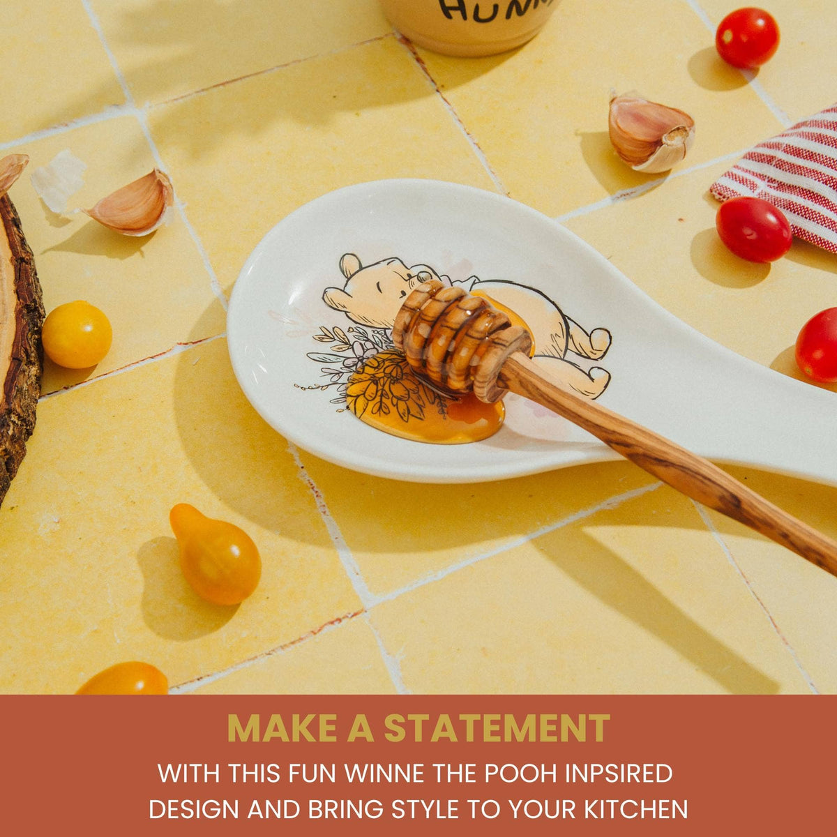Disney Winnie the Pooh Floral Ceramic Spoon Rest Holder, Pooh kitchen accessory, floral ceramic utensil rest, Winnie the Pooh gift