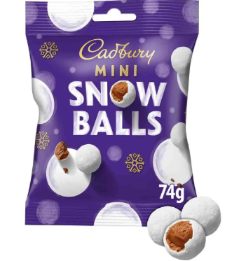 Cadbury Mini Snow Balls Chocolate Bag 74g, British milk chocolate balls in crisp white sugar shells, imported from the UK
