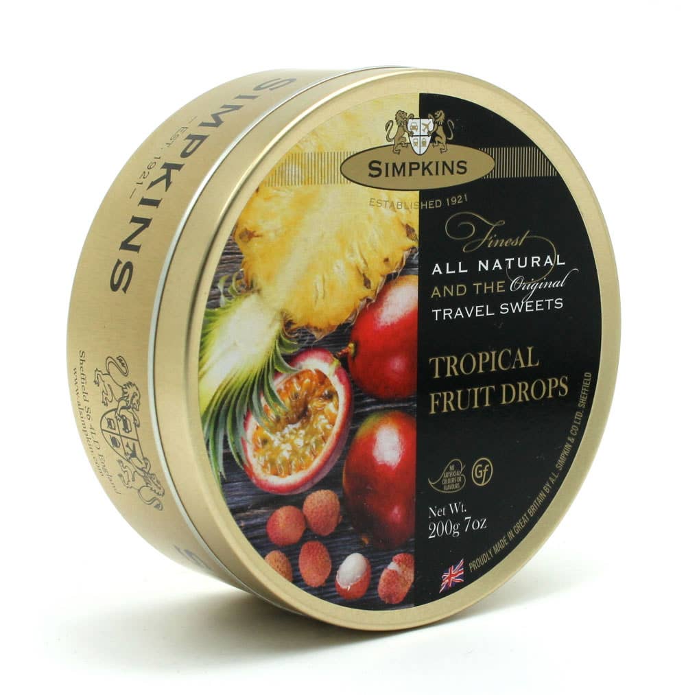 Simpkins Tropical Fruit Drops British Travel Sweets 200g Tin