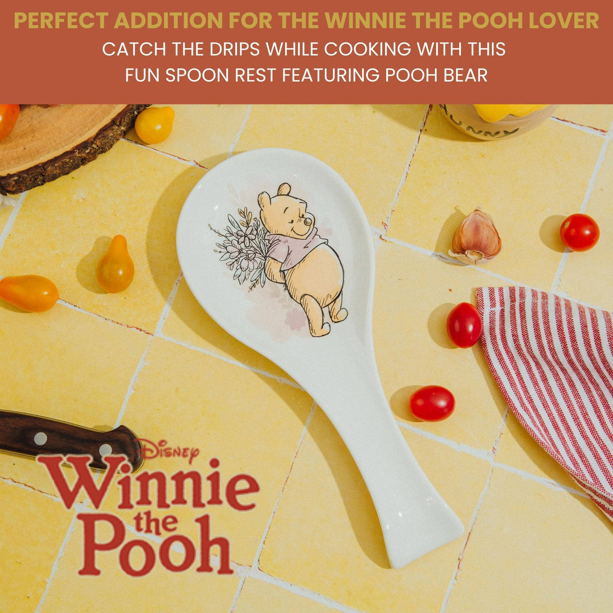 Disney Winnie the Pooh Floral Ceramic Spoon Rest Holder, Pooh kitchen accessory, floral ceramic utensil rest, Winnie the Pooh gift