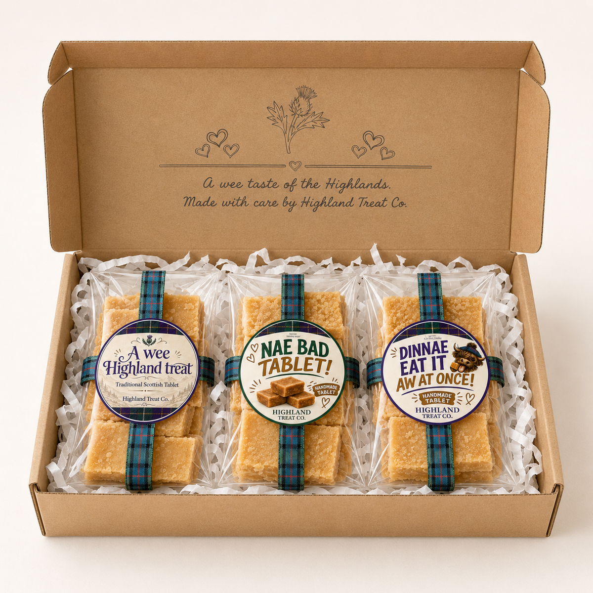 Highland Treat Co. Trio of handmade Scottish Tablet gift box imported from Scotland
